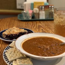 Lavon's Bakery & BBQ - Chili and mixed berry pie.