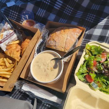 Brophy Bros - Fish and chips, bowl of chowder and side of salad - Seafood Near Me - Santa Barbara, California Brophy Bros - Fish and chips, bowl of chowder and side of salad - Seafood Near Me - Santa Barbara, California
