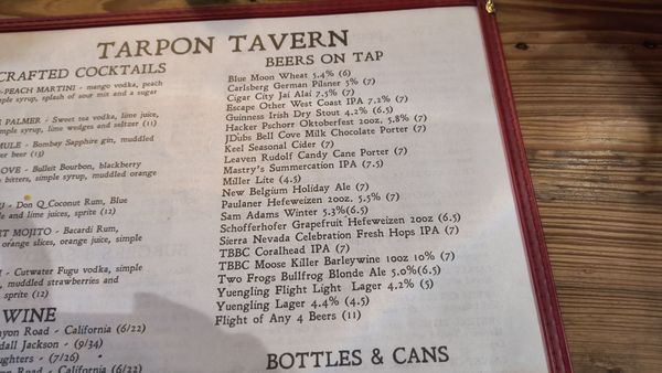 Menu photo 6 Tarpon Tavern Tarpon Springs, FL