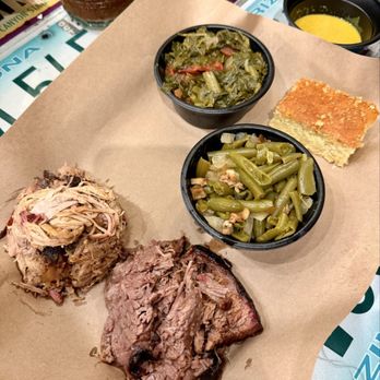 Mission BBQ - 2 Meat Sampler - Brisket & Pulled Pork. Green Beans & Collard Greens on the side - Barbeque Near Me - Goodyear, Arizona Mission BBQ - 2 Meat Sampler - Brisket & Pulled Pork. Green Beans & Collard Greens on the side - Barbeque Near Me - Goodyear, Arizona