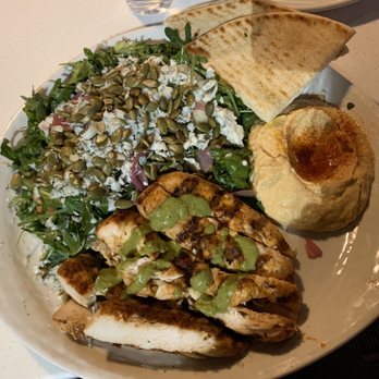 Olive Pit Grill - Brea - chicken entree plate with rocka salad and hummus - Greek Near Me - Brea, California Olive Pit Grill - Brea - chicken entree plate with rocka salad and hummus - Greek Near Me - Brea, California