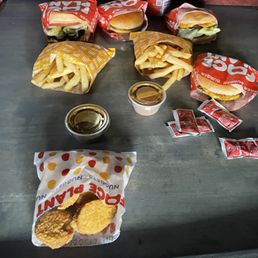 2 fancy burgers, 2 red and yellow burgers, 10 piece nuggets, and fries. All for $34! 2 fancy burgers, 2 red and yellow burgers, 10 piece nuggets, and fries. All for $34!