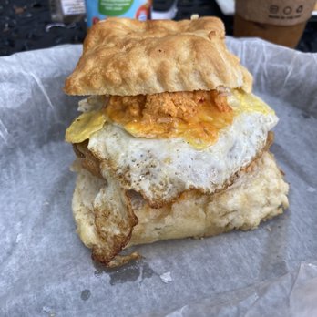 Treehouse Coffee - Southern charm biscuit. Fried green tomato, pimento cheese, egg. I took off the bacon. - Cafes Near Me - Duck, North Carolina