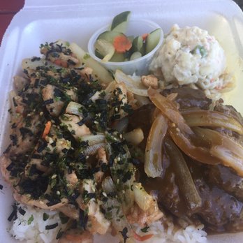 Kaya's Store - Mix plate furikake garlic chicken and hamburger steak - Grocery Near Me - Hauula, Hawaii Kaya's Store - Mix plate furikake garlic chicken and hamburger steak - Grocery Near Me - Hauula, Hawaii