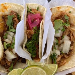 3 taco plate, L to R: barbacoa, carnitas, tinga. Also came with chips and excellent salsa. 3 taco plate, L to R: barbacoa, carnitas, tinga. Also came with chips and excellent salsa.