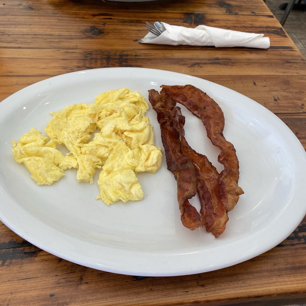 Hot Pancakes - Scrambled eggs bacon with beverage for $8.00 - Burgers Near Me - Wylie, Texas