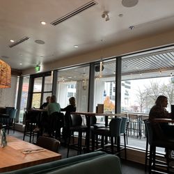 Hard Bean Brunch - The teal and gray booths are comfortable, and the high-top tables provide a nice variety of seating