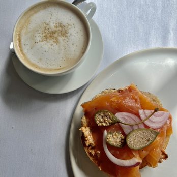Cafe Boulud - New Yorker Bagel with a latte - French Near Me - Palm Beach, Florida