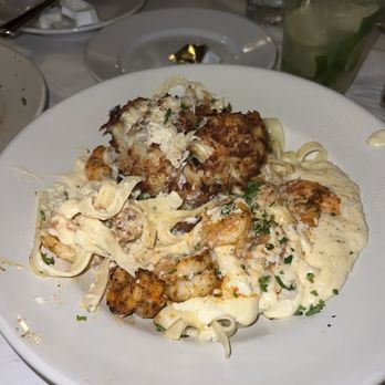 Angie's Seafood - Shrimp Alfredo with a side of crabcakes - Seafood Near Me - Baltimore, Maryland