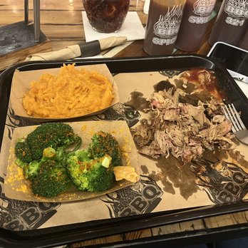 Bad Brads BBQ - Pulled chicken with sweet potato mash and garlic broccoli. Skip the broccoli. Potato mash is good. - Barbeque Near Me - Livonia, Michigan