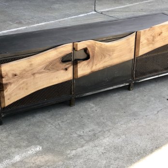 StatusWood - Walnut live edge slab wraps around metal cabinet - Furniture Stores Near Me - Hayward, California