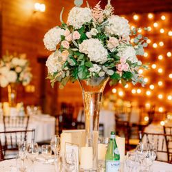 Stamford Florist - Pedestal centerpiece, elegant, roses, hydrangea, pastels