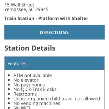 Amtrak - Info about Amtrak Train Station on Amtrak's website. - Trains Near Me - Yemassee, South Carolina Amtrak - Info about Amtrak Train Station on Amtrak's website. - Trains Near Me - Yemassee, South Carolina