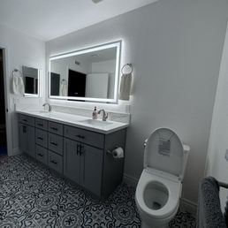 Finished area, new toilet, bidet, lighted mirror, vanity, flooring, exhaust vent. Finished area, new toilet, bidet, lighted mirror, vanity, flooring, exhaust vent.