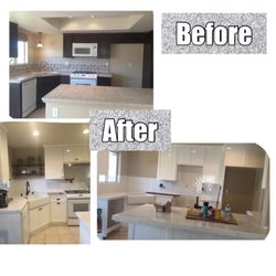 The Paint Pros - These cabinets were actually new and they were done with a white lauqer and a clear finish called rub effect