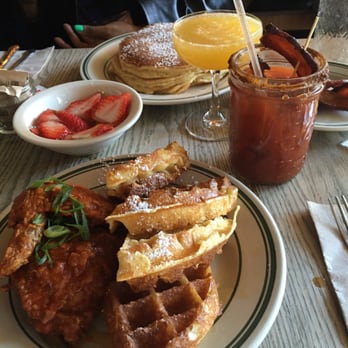 Sweet Chick - Siracha and honey fried chicken and waffles, Pancakes, bacon, side of strawberries & bananas, mimosa, and Bloody Mary - Southern Near Me - Brooklyn, New York Sweet Chick - Siracha and honey fried chicken and waffles, Pancakes, bacon, side of strawberries & bananas, mimosa, and Bloody Mary - Southern Near Me - Brooklyn, New York