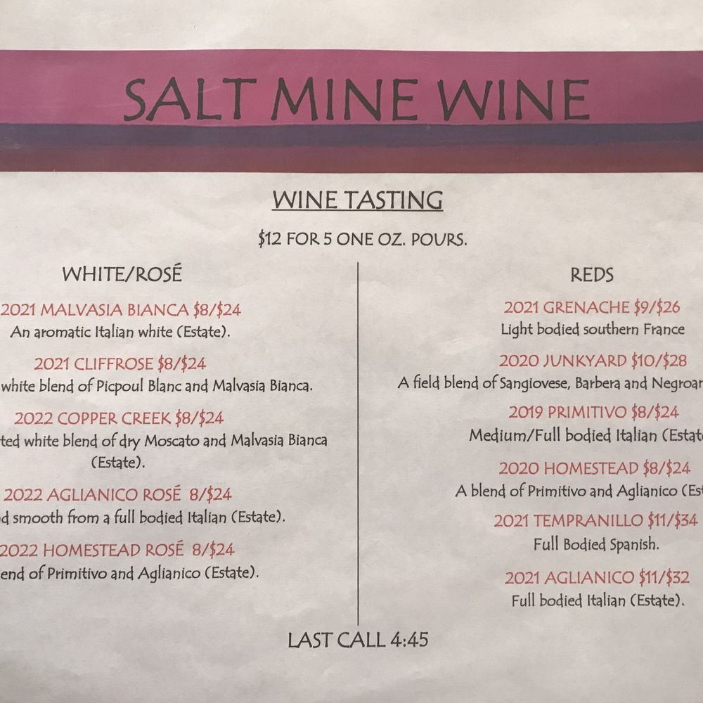 Salt Mine Wine - Tasting menu as of our 12/17/23 visit. - Wine Tasting Room Near Me - Camp Verde, Arizona Salt Mine Wine - Tasting menu as of our 12/17/23 visit. - Wine Tasting Room Near Me - Camp Verde, Arizona