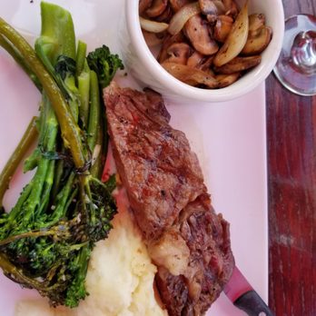 River's Edge Restaurant - rib eye with garlic mash, broccoli I and sauteed mushrooms with onions - Steakhouses Near Me - Grants Pass, Oregon River's Edge Restaurant - rib eye with garlic mash, broccoli I and sauteed mushrooms with onions - Steakhouses Near Me - Grants Pass, Oregon