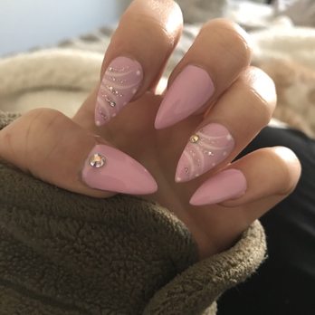 Regal Nails, Salon & Spa - Baby Pink Stilletto Nails with design and gems - Nail Salons Near Me - Colorado Springs, Colorado Regal Nails, Salon & Spa - Baby Pink Stilletto Nails with design and gems - Nail Salons Near Me - Colorado Springs, Colorado