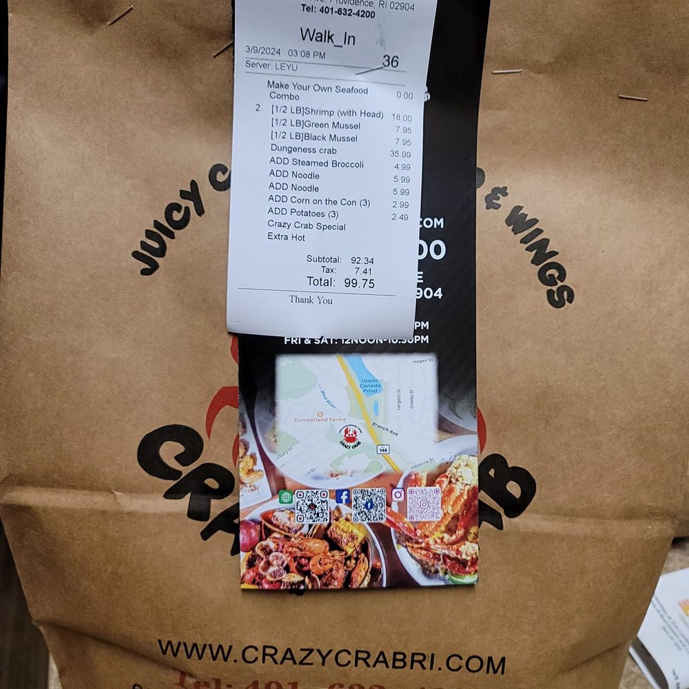 Crazy Crab - Good price for two days worth of food - Seafood Near Me - Providence, Rhode Island