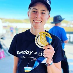 Sundays Bike Insurance - Winners are grinners. Sundays Insurance staffer Catherine taking the win at the Sea Otter Classic Gravel bicycle race