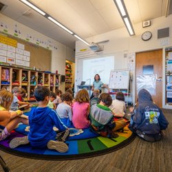 Each lower school grade features two classes averaging around 16 students. Here students in 2 West work on a literacy exercise.