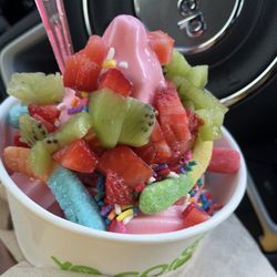 Yo-Go The Yogurt Shop - Strawberry and natural yogurt with sprinkles, gummy worms, kiwi, and strawberry