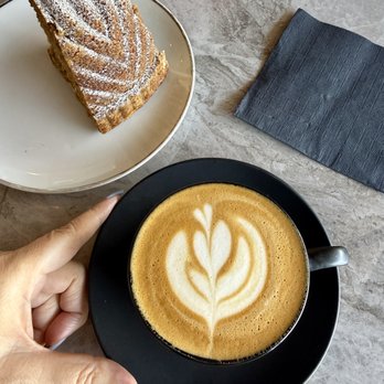 Mangiafoglie - olive oil cake (the classic dessert & breakfast option!) with a rare hot latte for me. - Pizza Near Me - Long Beach, California