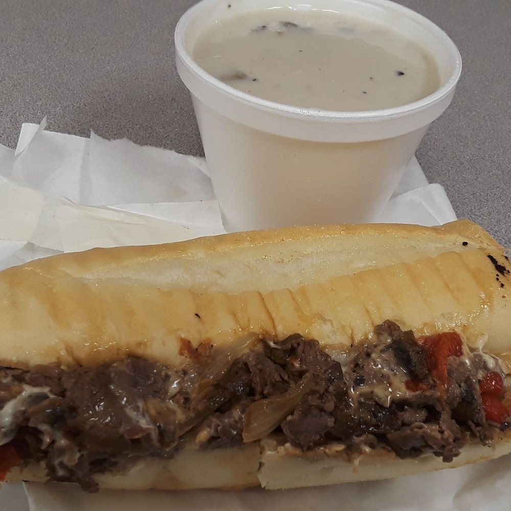 Trackside Deli Philly Cheesesteak And cream of mushroom soup Trackside Deli Philly Cheesesteak And cream of mushroom soup