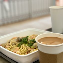 Cha Don - Lobster sauce shrimp, mushroom & clam with spaghetti $15. includes hot drink