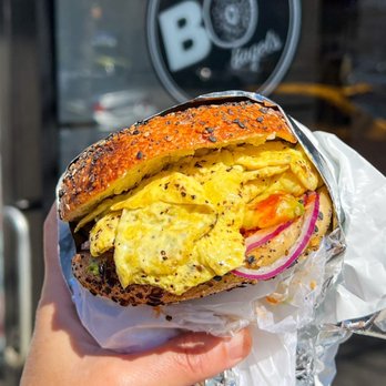 BO's Bagels - The Ashley bagel, just substituted regular eggs instead of egg white - Bagels Near Me - New York, New York