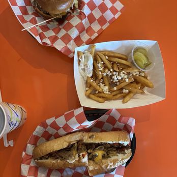 Mythpoint Bistro - EGGCELLENT DOUBLE SMASH BURGER (100% Grass-fed Organic) Greek Fries Garlic  Butter Cheesesteak. - Greek Near Me - Westlake Village, California