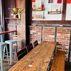 Inside tables and benches and some window stools