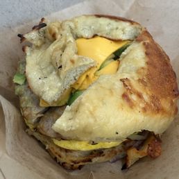 Honey Sausage with Jalapeño cheese bagel. Added avocado and onion. Delicious