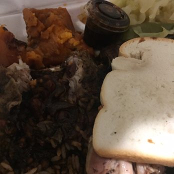 3-D's Jerk Chicken - Dark jerk chicken dinner with sweet potatoes and cabbage - Caribbean Near Me - Chicago, Illinois