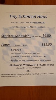 Menu photo 4 Tiny Schnitzel Haus Pipe Creek, TX