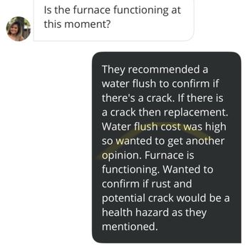 Evolution Heating And Air Conditioning - A chat conversation about furnace issues, including crack detection and water flush testing, with a focus on safety and repair recommendations. - Heating & Air Conditioning/HVAC Near Me - Fullerton, California