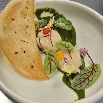 Shoreline Seafood Market - Poached Hokkaido Scallops, Sorrel Sauce, Scallops Cracker - Seafood Markets Near Me - Richmond, Virginia Shoreline Seafood Market - Poached Hokkaido Scallops, Sorrel Sauce, Scallops Cracker - Seafood Markets Near Me - Richmond, Virginia