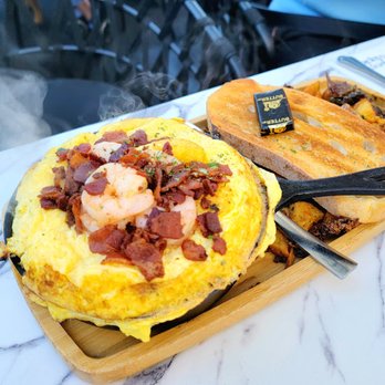 Sweet Maple - Bacon & Shrimp Soufflegg (Comes out steaming hot! About 7-inch in diameter.) - Breakfast & Brunch Near Me - Cupertino, California Sweet Maple - Bacon & Shrimp Soufflegg (Comes out steaming hot! About 7-inch in diameter.) - Breakfast & Brunch Near Me - Cupertino, California