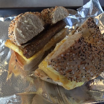 Bagel Cafe - Everything bagel with 2 eggs, sausage and Munster cheese - Bagels Near Me - Herndon, Virginia