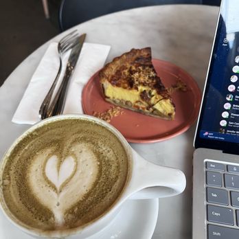 Hood Famous - Hojicha latte and pork lumpia quiche - Cafes Near Me - Seattle, Washington