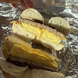 Sausage egg and cheese on an onion bagel Sausage egg and cheese on an onion bagel