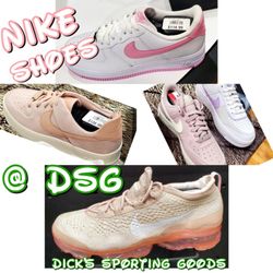 DICK'S Sporting Goods - Various pink & white, or lavender & white Nike shoes at Dick's Sporting Goods store.
