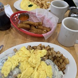 Sausage and biscuits, mozzarella sticks, omelette Sausage and biscuits, mozzarella sticks, omelette