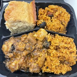 Latinas Kitchen - Pastele Stew Plate (Pastele Stew, 2 scoops of gandule rice, and cornbread)