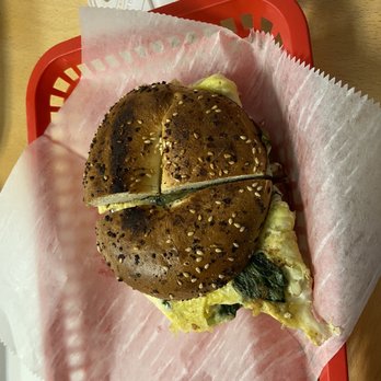 Bill's Breakfast & Lunch - Delicious egg/Swiss/spinach sandwich on everything bagel - American Near Me - Philadelphia, Pennsylvania Bill's Breakfast & Lunch - Delicious egg/Swiss/spinach sandwich on everything bagel - American Near Me - Philadelphia, Pennsylvania