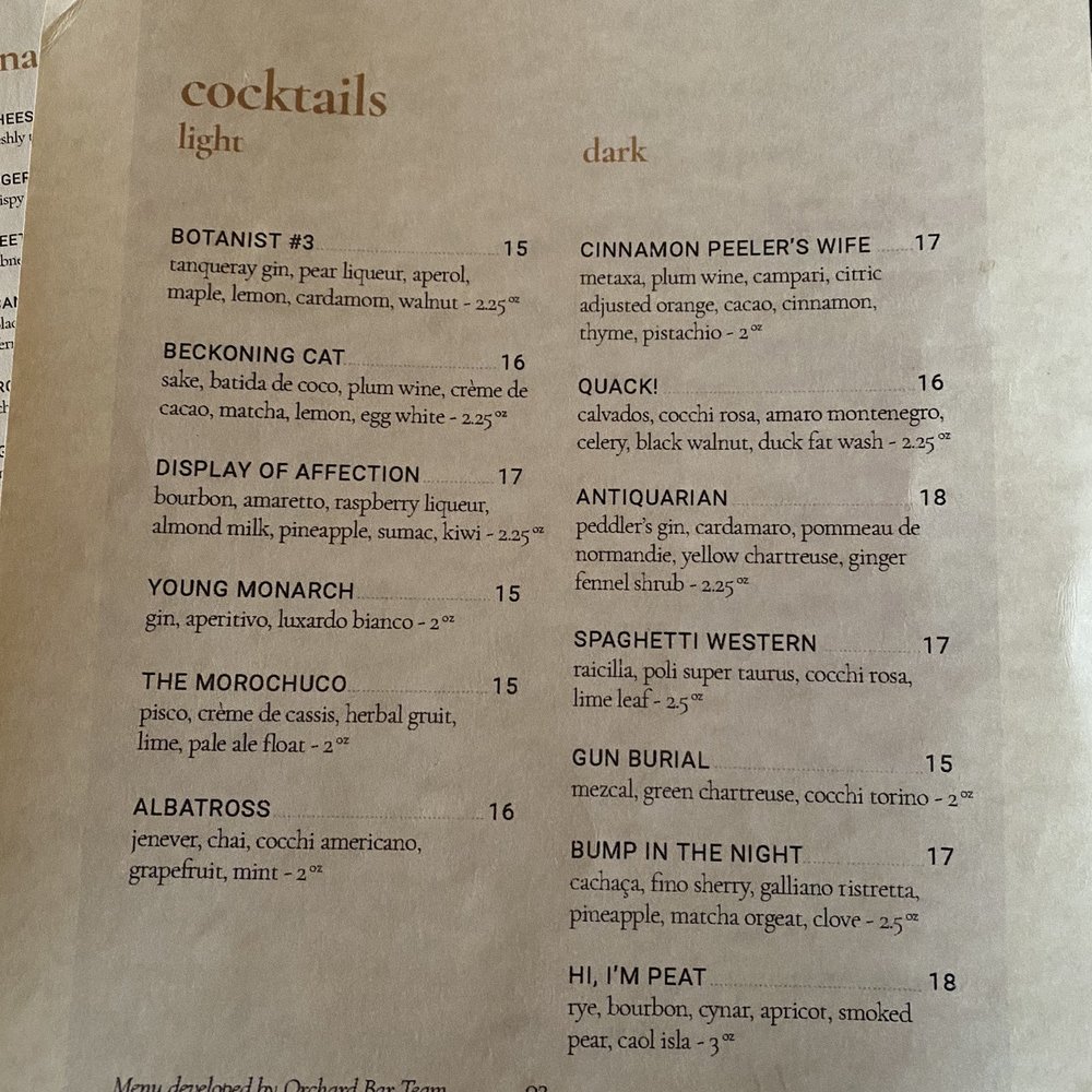 Orchard - Drinks menu is actually 2-3 pages long and cocktails are superb - Mediterranean Near Me - Calgary, Alberta Orchard - Drinks menu is actually 2-3 pages long and cocktails are superb - Mediterranean Near Me - Calgary, Alberta