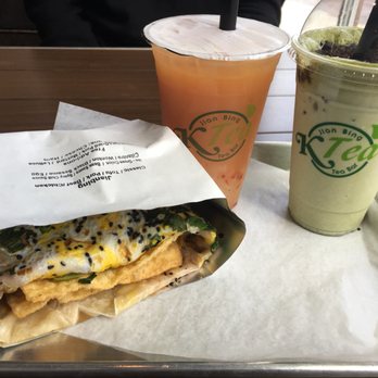 Ktea Cafe - (Left to Right) Jianbing w/ Bulgogi Beef, Strawberry Rose Tea w/ Lychee, Matcha Latte w/ Oreo - Bubble Tea Near Me - Sunnyvale, California