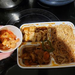 Meiga Supermarket - Half eaten. Mapo tofu, spicy pork belly slices, general tso chicken, noodles