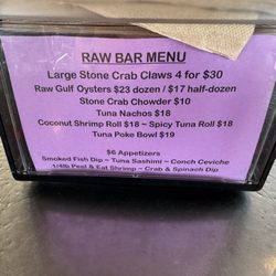 Raw bar menu